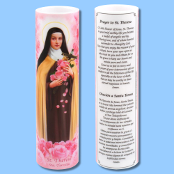 Led Candle-St Therese, Bilingual Prayer 2-3/8 x 8